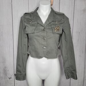 Haute Monde Raw Hem Dragon Embroidered Green Fringe Denim Jacket Womens Small